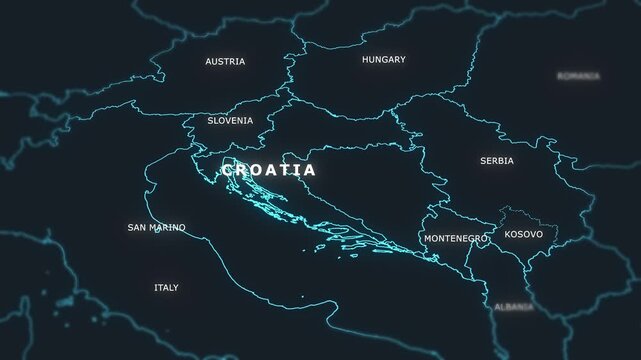 3D world digital glowing map animation of Croatia.