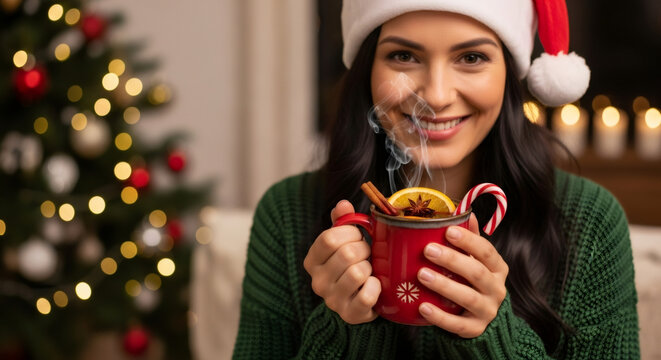 Smiling woman holds a steaming mug with hot drink, candy cane, spice and orange slice. cozy winter Christmas holiday concept.