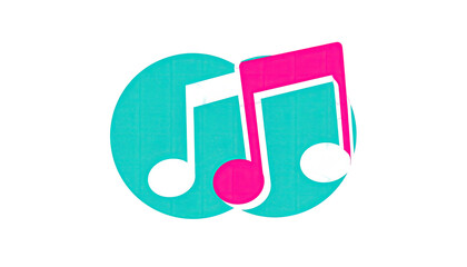 Two teal circles, overlapping, enclose a bright pink musical note.  A pixelated, slightly distorted effect