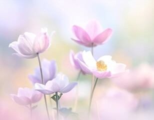Obraz premium Anemone Flowers in Soft Pastel Hues with Gentle Sunlight Streaming Through a Delicate and Dreamy Spring Background