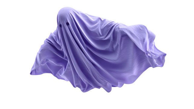 Floating Halloween ghost spirit figure with draped fabric, isolated on white background
