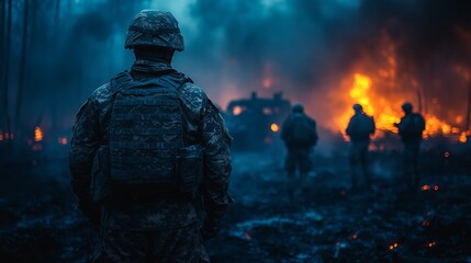 Amidst smoke and flames, courageous soldiers stand firm, embodying strength and resilience in a moment of crisis