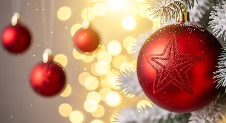 Close up of a red christmas ornament with a star design on a decorated tree