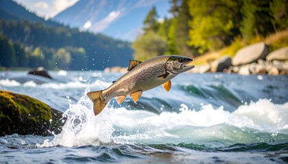A leaping salmon in a mountain river