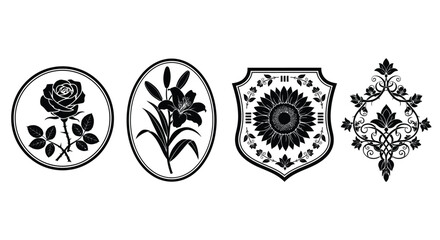 Vintage botanical emblems rose lily floral crest emblem decorative flourish ornaments set vector