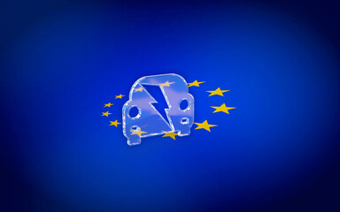 An electric car icon is centered on the European Union flag, symbolizing the EU's embrace of e-mobility and the phase-out of internal combustion engines.