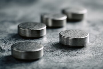 Close-up of five round metallic objects in a row on a textured surface