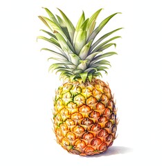 Fototapeta premium The illustration shows a single whole pineapple, its skin displaying shades of yellow and orange, with lush green leaves at its crown.
