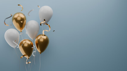 white and gold ballons with confetty on blue
