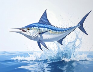 A leaping tuna, vibrant colors, ocean spray