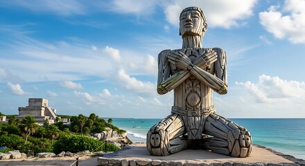 Fototapeta premium Seated Wooden Statue Overlooking Mayan Ruins and Ocean.