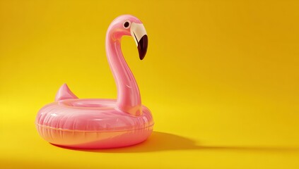 Pink flamingo pool float on yellow background