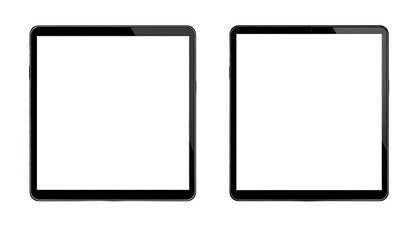 Two black tablets with blank screens, side-by-side.  Each tablet features a rectangular, flat screen and a dark, sleek frame.  The screens are bright white, highlighting the modern design