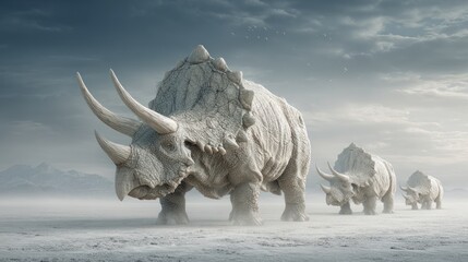 Majestic Triceratops Herd Roaming in a Paleontological Fantasy Landscape