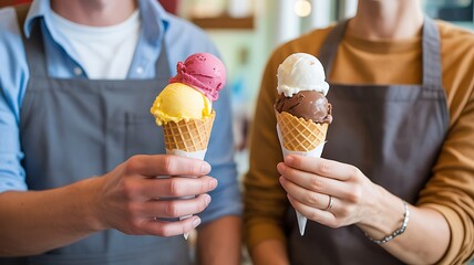 Joyful hands offer delicious triple scoop ice cream cones, a perfect summer treat for everyone