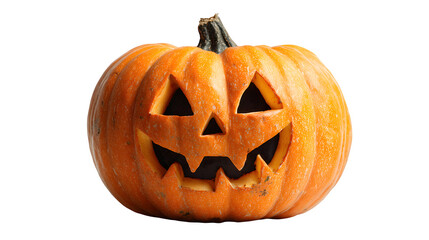 Halloween jack-o-lantern carved with glowing scary face, isolated on white background
