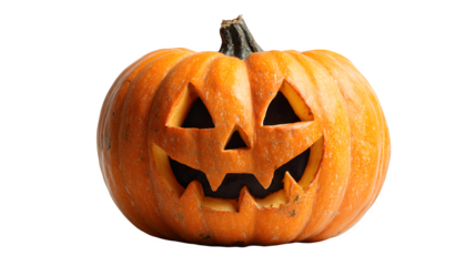 Halloween jack-o-lantern carved with glowing scary face, isolated on white background
