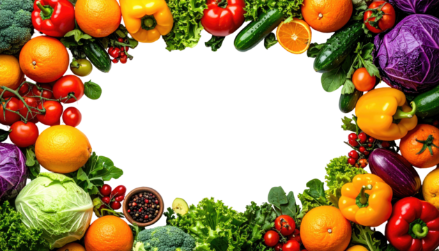 Vibrant colorful fruit and vegetable border framing a black center