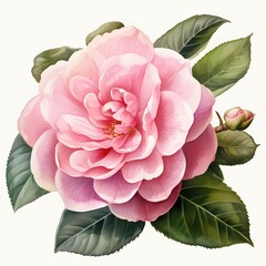 A single, fully bloomed pink camellia flower is shown with several leaves and a bud, all against a white background.