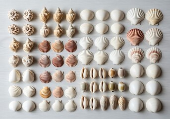 Arrangement of Various Seashells, Embodying Marine Beauty and Coastal Elegance
