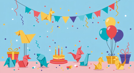 Fototapeta premium Festive Origami Birthday Party Scene with Balloons and Cake Illustration.