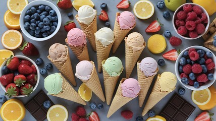 Indulge in vibrant, creamy ice cream cones bursting with fresh berries and citrus for a delightful summer treat.