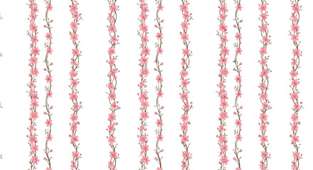 Vertical floral pattern of delicate pink flowers and vines on a white background. © Myanee