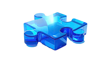 A single, vibrant blue, glossy jigsaw puzzle piece, with a slightly transparent, three-dimensional effect.  The piece has defined edges and a hollowed-out center
