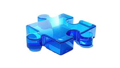 A single, vibrant blue, glossy jigsaw puzzle piece, with a slightly transparent, three-dimensional effect.  The piece has defined edges and a hollowed-out center
