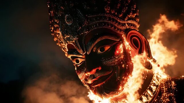 Dramatic lighting on Ravana effigy before it’s set ablaze 