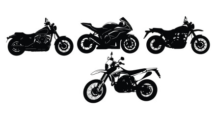Obraz premium Collection of four silhouetted motorcycles displaying diverse styles and designs for automotive enthusiasts vector