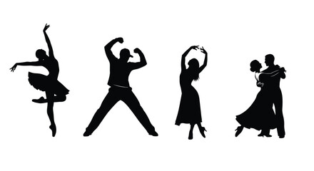 Obraz premium Silhouettes of diverse dancers in dynamic poses showcasing ballet ballroom and modern styles vector