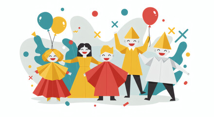 Cheerful Cartoon People Celebrating with Balloons and Festive Attire.