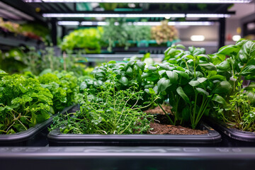 A smart garden system with AI-controlled irrigation and nutrient delivery, showcasing a variety of fresh herbs and vegetables