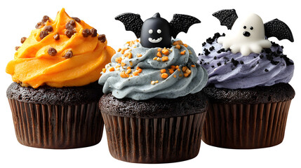 Halloween muffins with spooky icing and toppings, isolated on white background