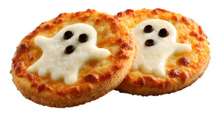 Halloween pizzas shaped like ghosts with olive eyes, isolated on white background