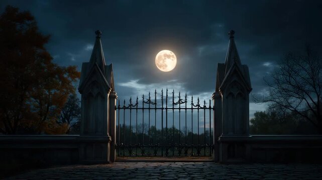 Full moon glowing brightly over iron gate with gothic stone pillars at night, dark cloudy sky creating mysterious eerie atmosphere, spooky shadows and bare tree branches under cloudy full moon night