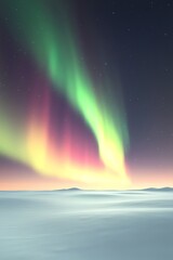Breathtaking aurora borealis illuminates a serene snowy landscape under a starry night sky.