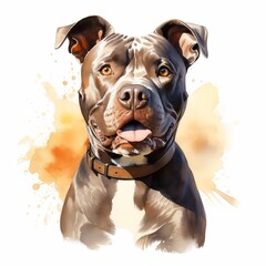 The illustration shows a brown Pit Bull Terrier wearing a brown leather collar against a watercolor background of orange and white.