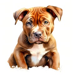 This watercolor-style illustration shows a young brown dog sitting and looking directly at the viewer.