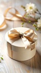 A beige gift box with a golden ribbon bow, surrounded by spring flowers