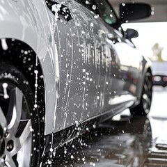A light gray car being washed