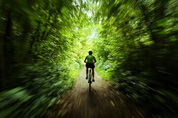 Cyclist in lush green forest path