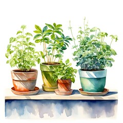 Fototapeta premium The watercolor illustration shows four potted plants of varying sizes and types, sitting on a beige windowsill against a white background.