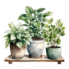 Fototapeta premium The illustration shows three different houseplants in various pots, arranged on a light brown wooden shelf, set against a bright white background.