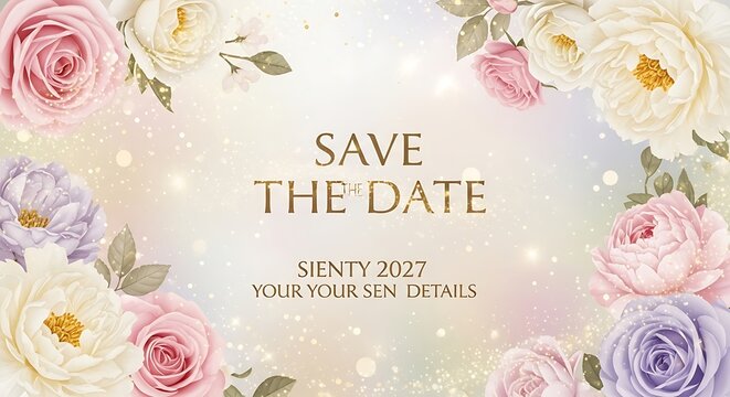 A pastel floral design with delicate roses and peonies, featuring a save-the-date message, creates a romantic and elegant invitation.