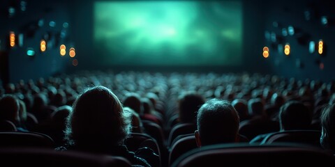 Crowd gathers in a darkened theater for a cinematic experience during an evening screening