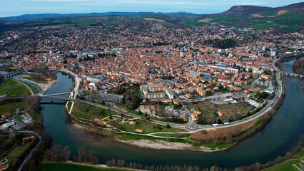 An aerial panoramic view around the old town of the city Millau in France on a sunny day in early spring