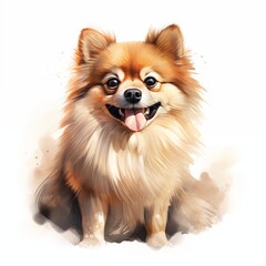 Obraz premium This illustration shows a Pomeranian dog sitting and looking directly at the viewer; it is rendered in a painterly style that mimics watercolor.