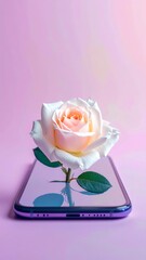 A light peach rose floats above a phone